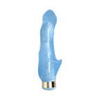 Light blue silicone personal massager with curved design and gold-toned base