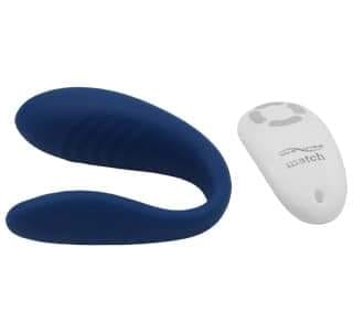 Dual vibrator with U-shaped blue silicone body and matching white remote control