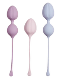 Pelvic floor fitness weights, three silicone pieces in lavender, pink, and light blue
