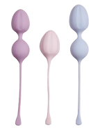 Pelvic floor fitness weights, three silicone pieces in lavender, pink, and light blue