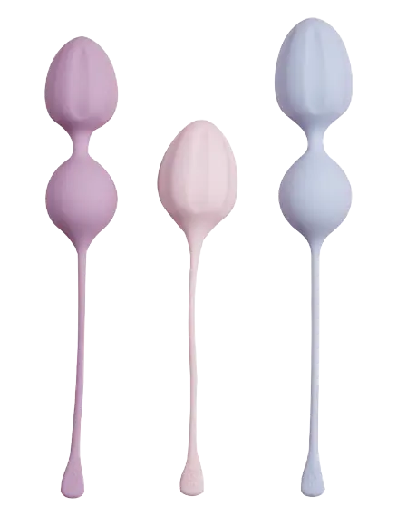Pelvic floor fitness weights, three silicone pieces in lavender, pink, and light blue