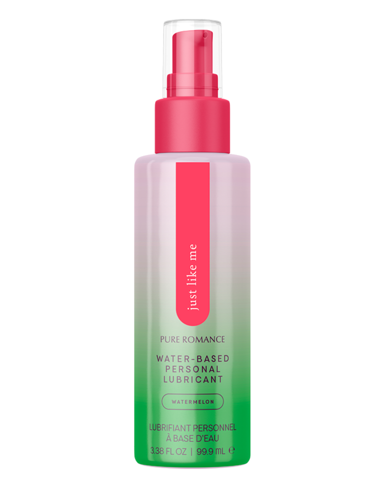 Water-based personal lubricant bottle with pink pump, translucent green bottle and pink label
