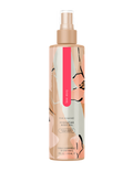 Hydrating body oil bottle with rose-gold pump, tan bottle, graphic label.