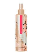 Hydrating body oil bottle with rose-gold pump, tan bottle, graphic label.