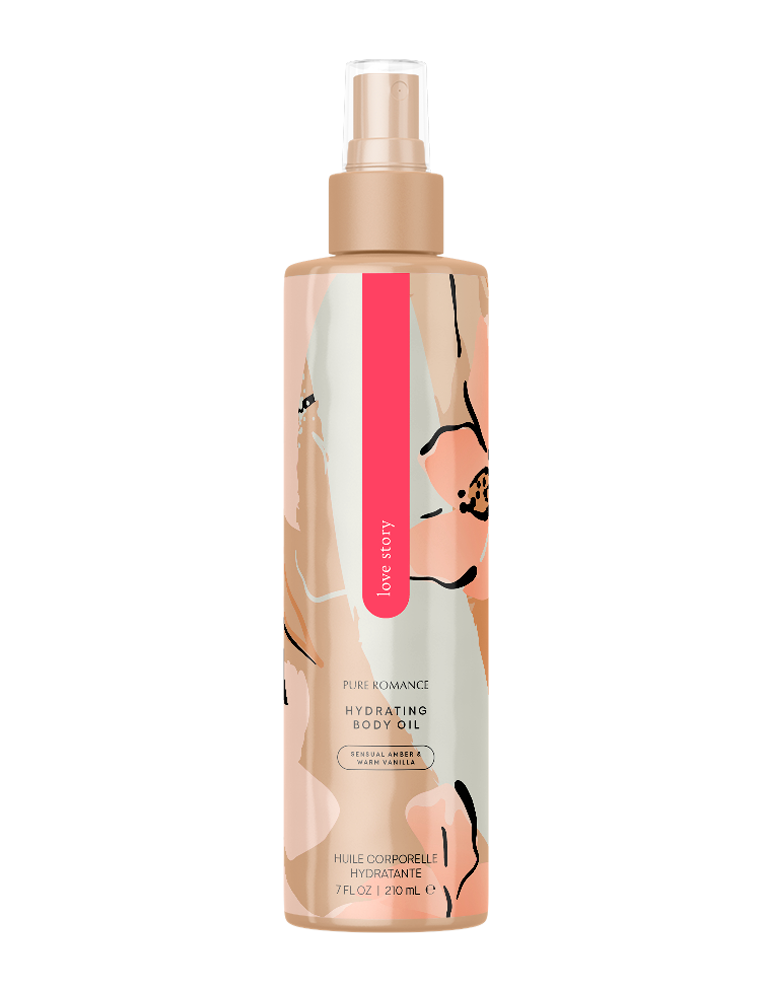 Hydrating body oil bottle with rose-gold pump, tan bottle, graphic label.