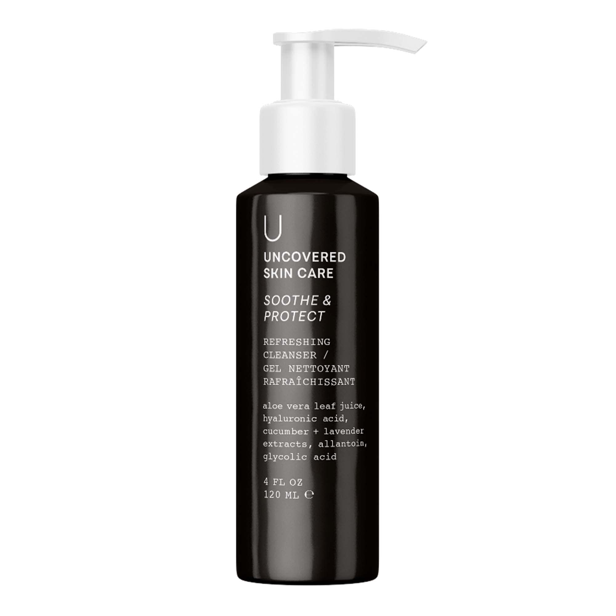 Black pump cleanser bottle, “Soothe & Protect” label, 4 fl oz (120 mL).