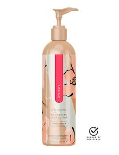 Body lotion bottle with tan pump and beige label with minimal line art