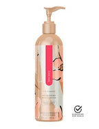 Body lotion bottle with tan pump and beige label with minimal line art