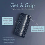 Textured cylindrical grip sleeve in dark metallic finish
