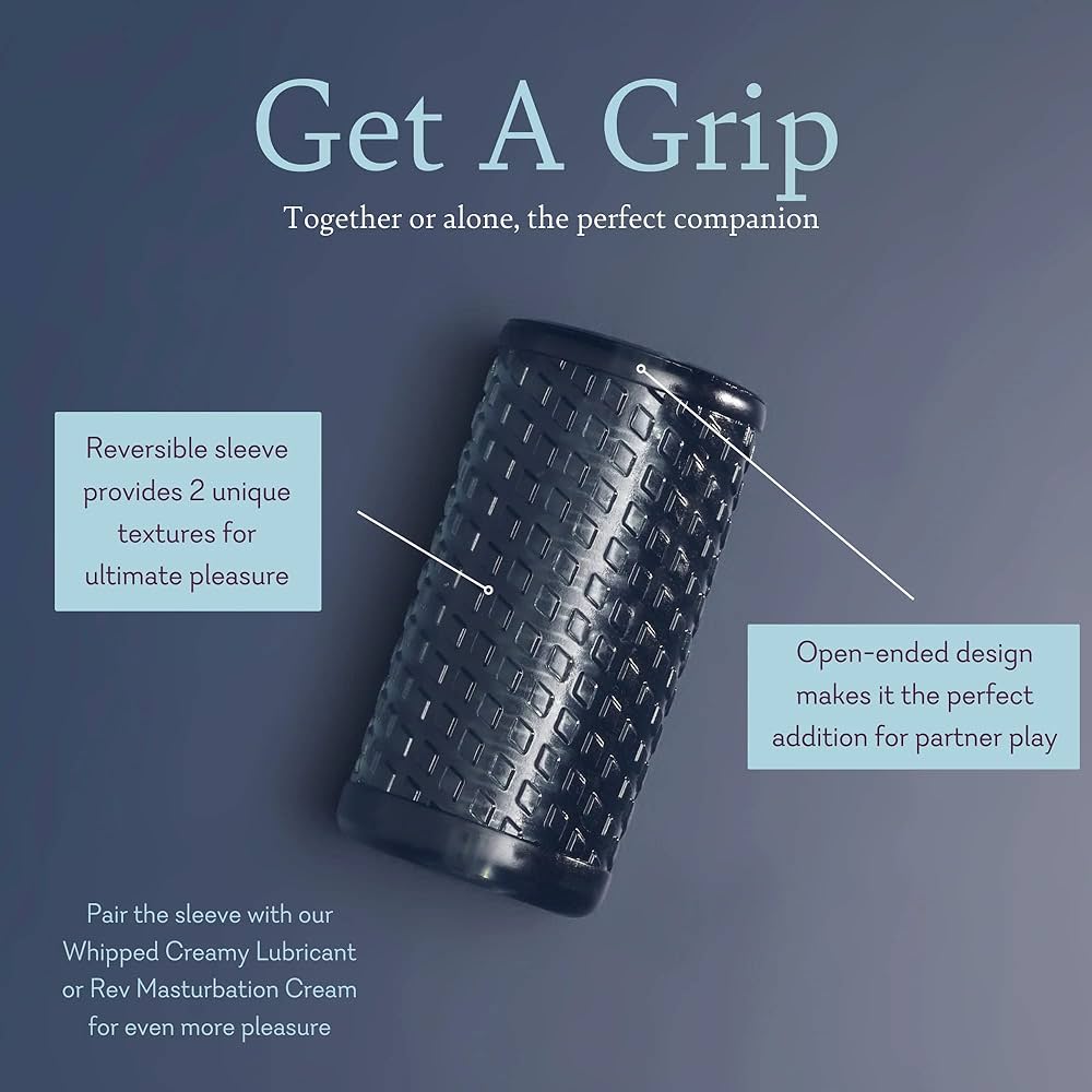 Textured cylindrical grip sleeve in dark metallic finish