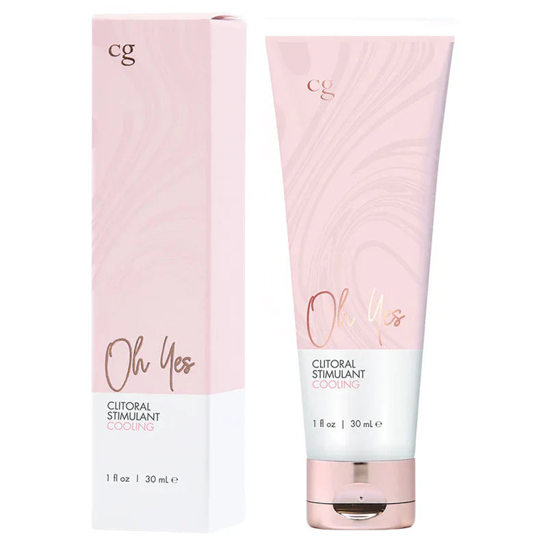 Pink cooling clitoral stimulant gel tube beside matching box, silver flip-top, 30 mL