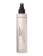Hydrating body oil bottle with black sprayer, gray bottle, leather & bear. label.