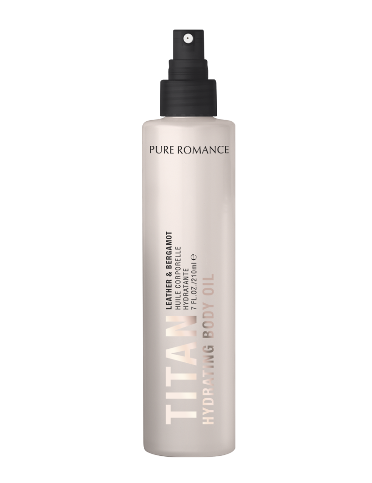 Hydrating body oil bottle with black sprayer, gray bottle, leather & bear. label.