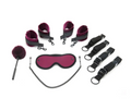 Bondage set with burgundy blindfold, handcuffs, leg cuffs, chain belt, and flogger