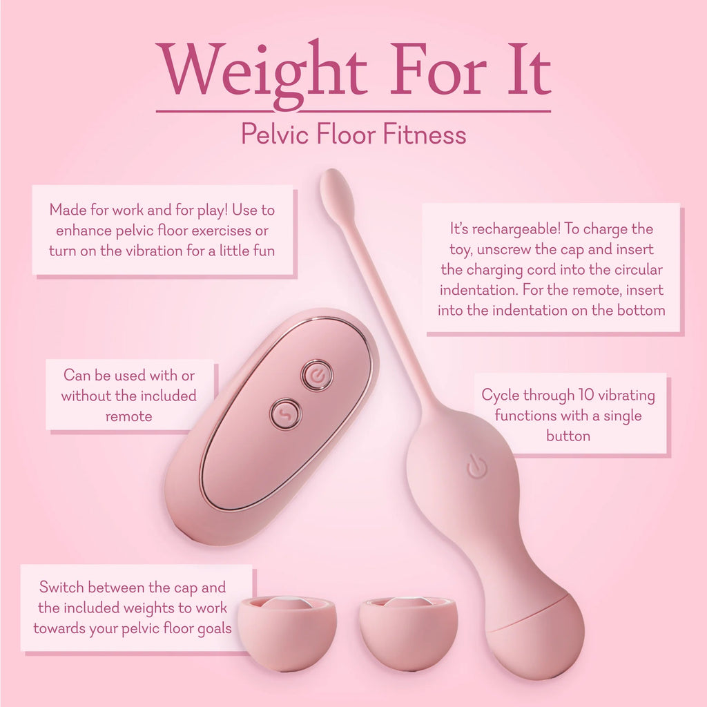 Pelvic floor fitness weights with handheld controller and two small caps, in pink