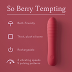 Berry-pink silicone wand vibrator with control button, standing upright