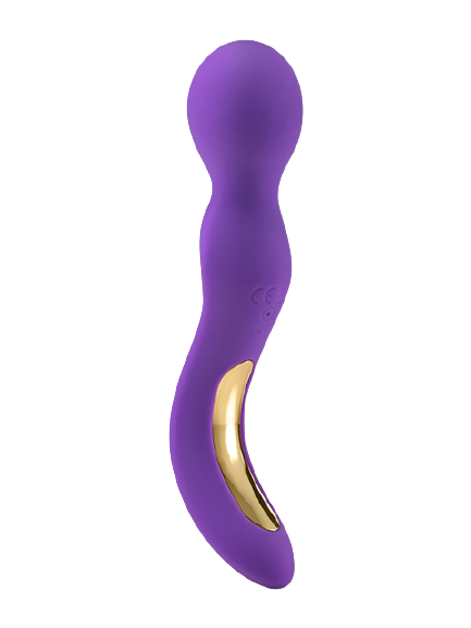 Curved purple silicone sex toy with gold inner opening and tapered tip