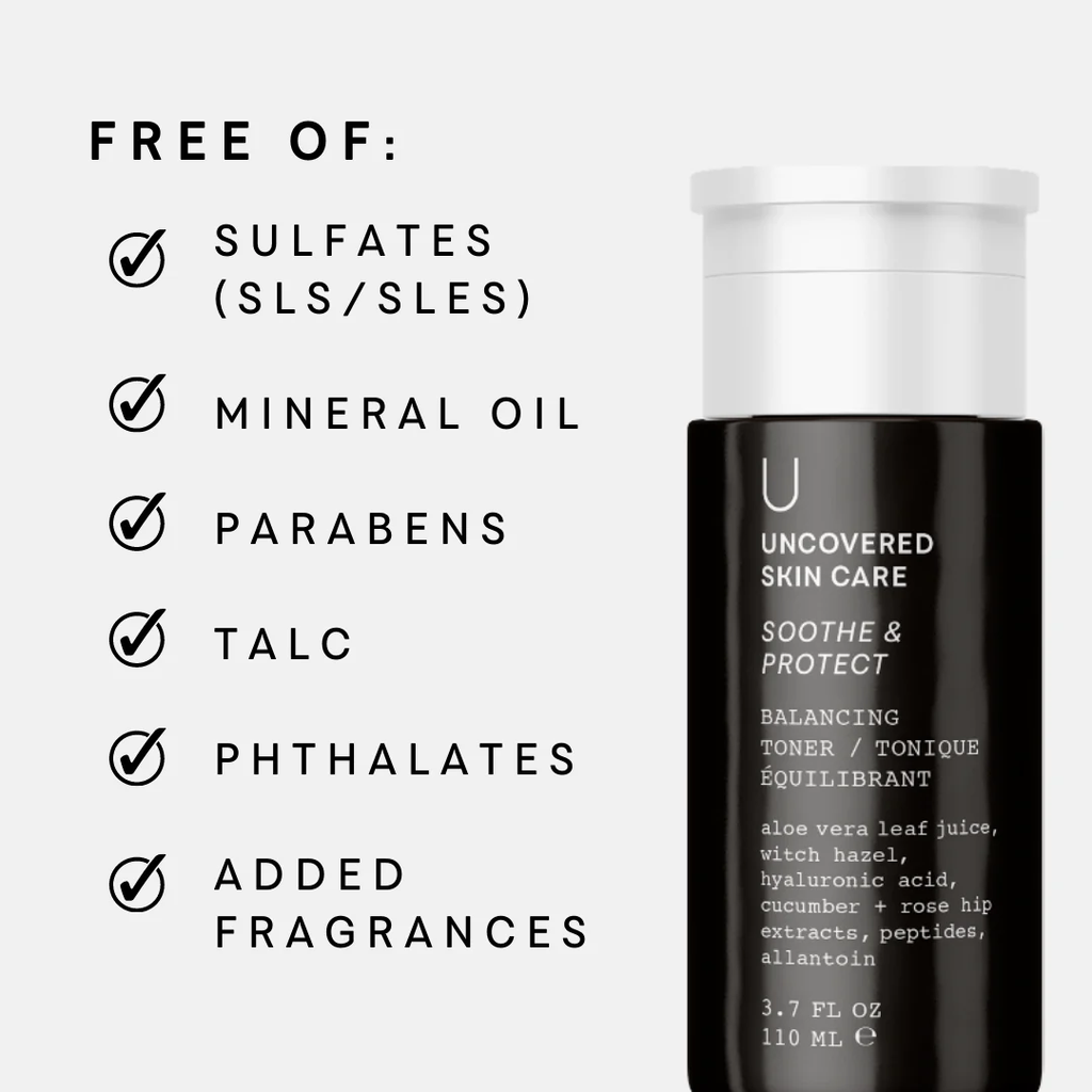 Balancing toner bottle with “Free of” checklist: sulfates, mineral oil, parabens, talc, phthalates.