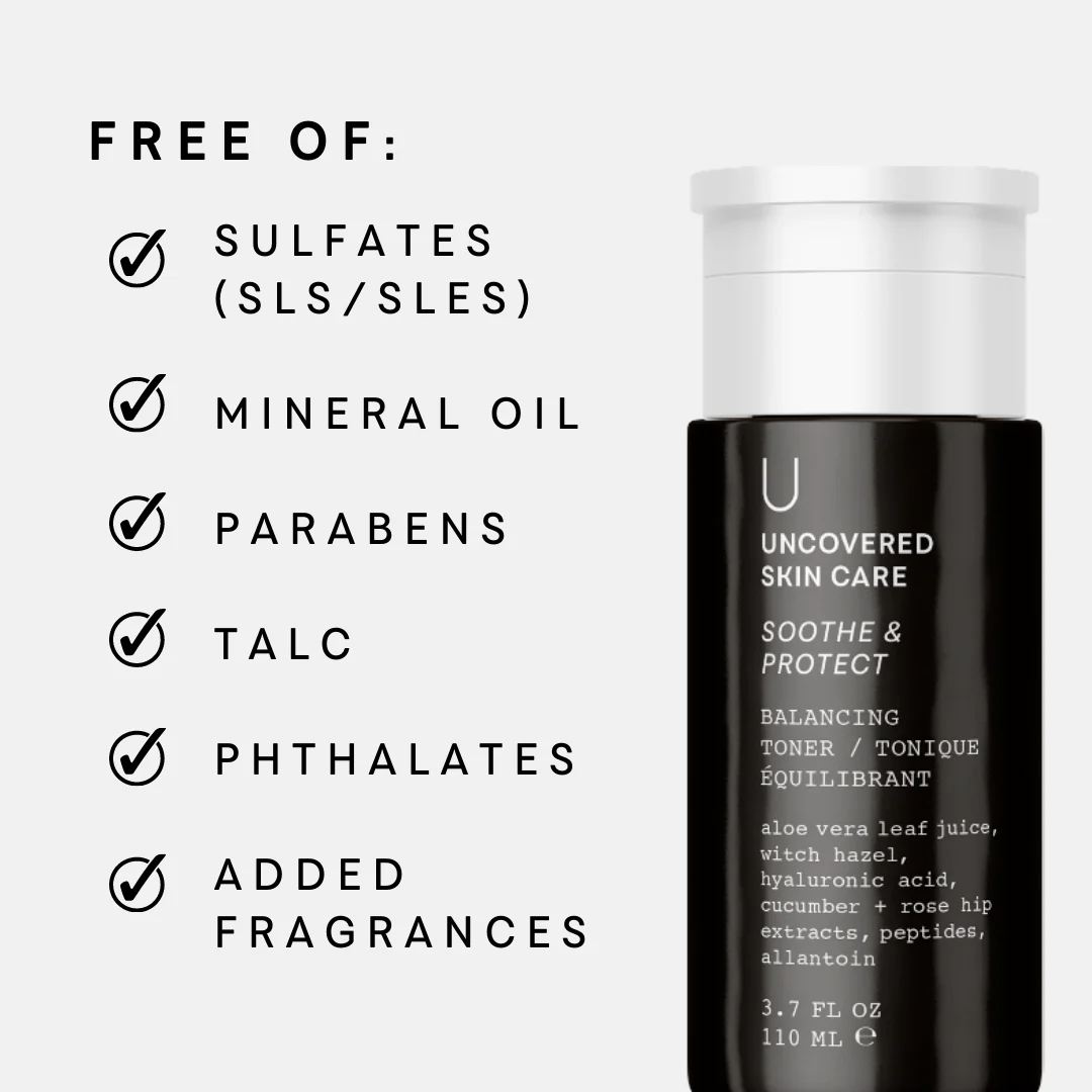 Balancing toner bottle with “Free of” checklist: sulfates, mineral oil, parabens, talc, phthalates.
