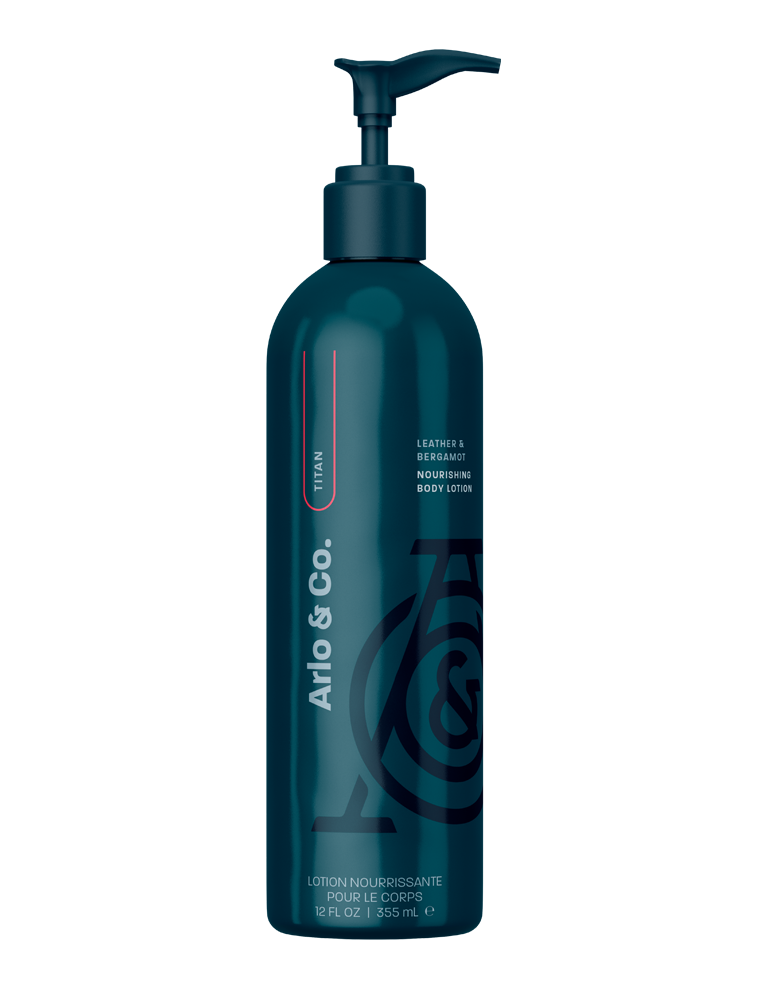 Arlo & Co body lotion bottle with dark teal pump and swirl logo