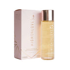 High Love chocolate massage oil box and bottle, front view with gold-tone cap