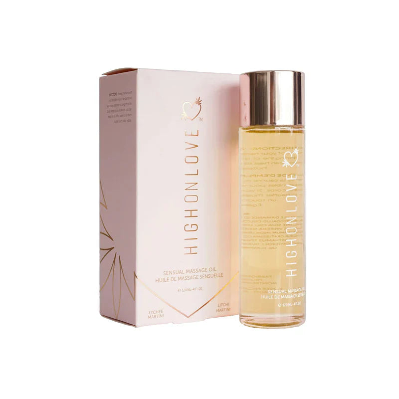 Massage oil bottle with gold liquid and matching product box, shiny cap.