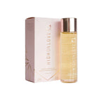 Massage oil bottle with gold liquid and matching product box, shiny cap.