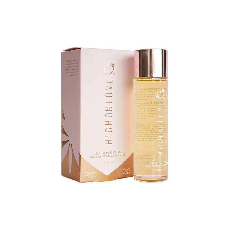 High Love chocolate massage oil set: pink box and bottle on a white background
