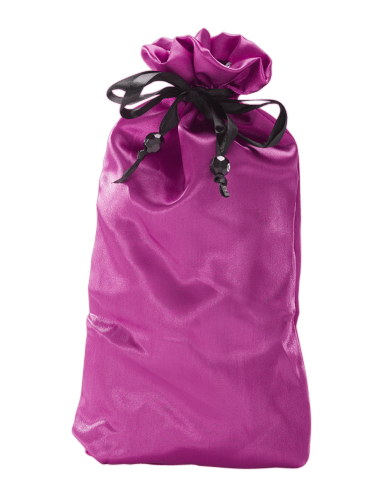 Hot pink satin toy tote pouch with ruched top and black drawstring ties