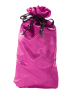 Hot pink satin toy tote pouch with ruched top and black drawstring ties