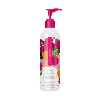 Nourishing body lotion bottle with pink pump and floral label
