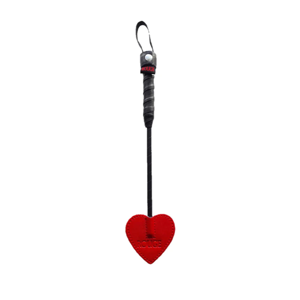 Mini spade paddle, red heart-shaped head, black braided handle with loop strap