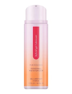 Hybrid gel lubricant bottle with pink cap and orange pump-style container