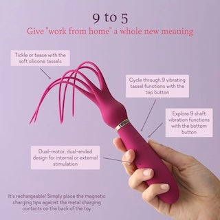 Pink dual-ended personal massager with ribbed handle and looped charging cord