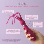 Pink dual-ended personal massager with ribbed handle and looped charging cord