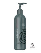 Body lotion bottle with dark teal pump and dark graphic label