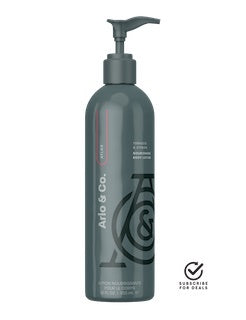 Body lotion bottle with dark teal pump and dark graphic label