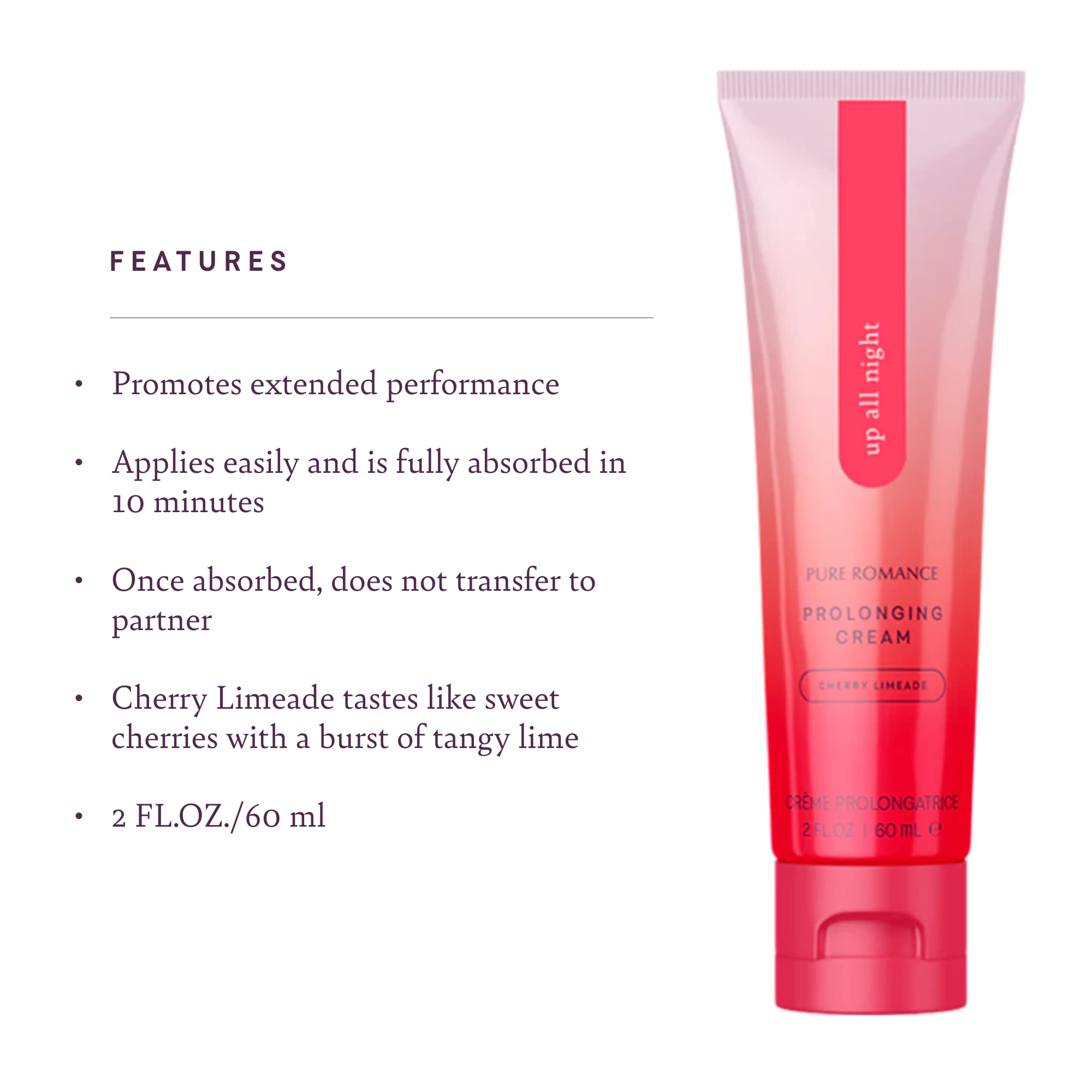 Pink squeeze tube prolonging cream with red vertical label band and flip-top cap