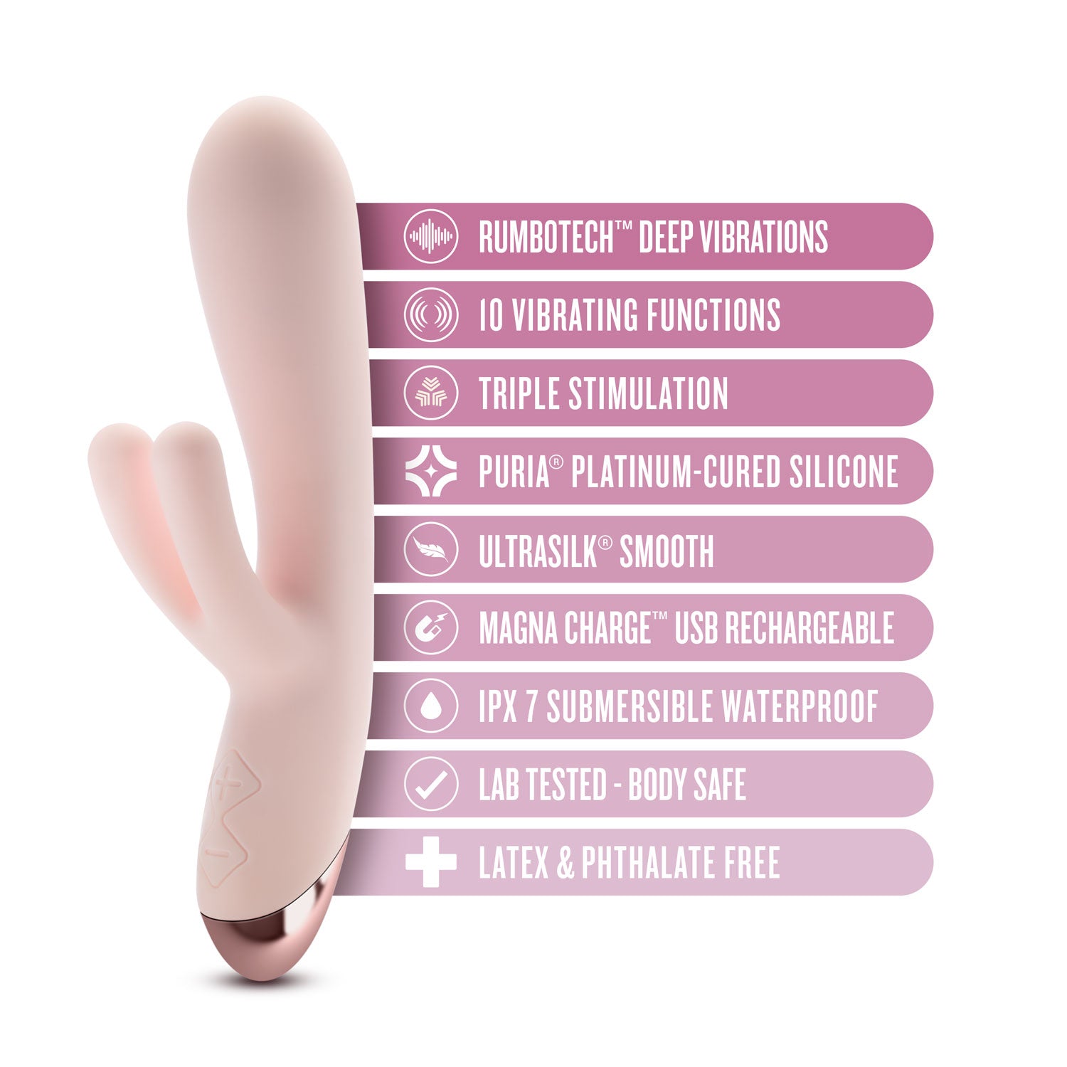 Elora vibrating massager in light pink with feature list and icons