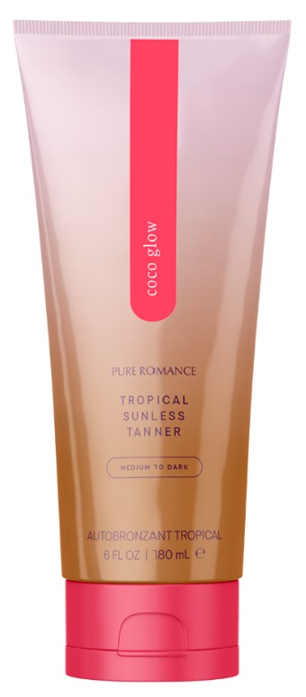 Coco Glow tropical sunless tanner tube with pink base and vertical red brand panel