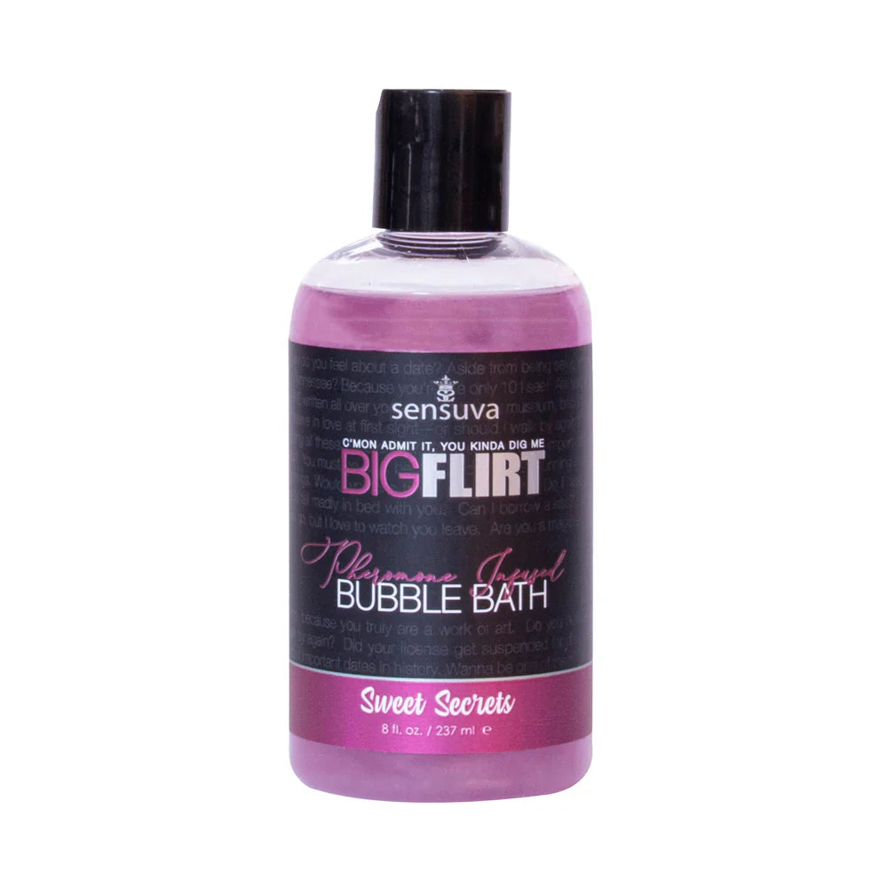 Bubble bath bottle with black cap, purple gel, labeled “Sweet Secrets”