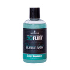 Bubble bath bottle with black cap, teal gel, labeled “Sweet Temptation”