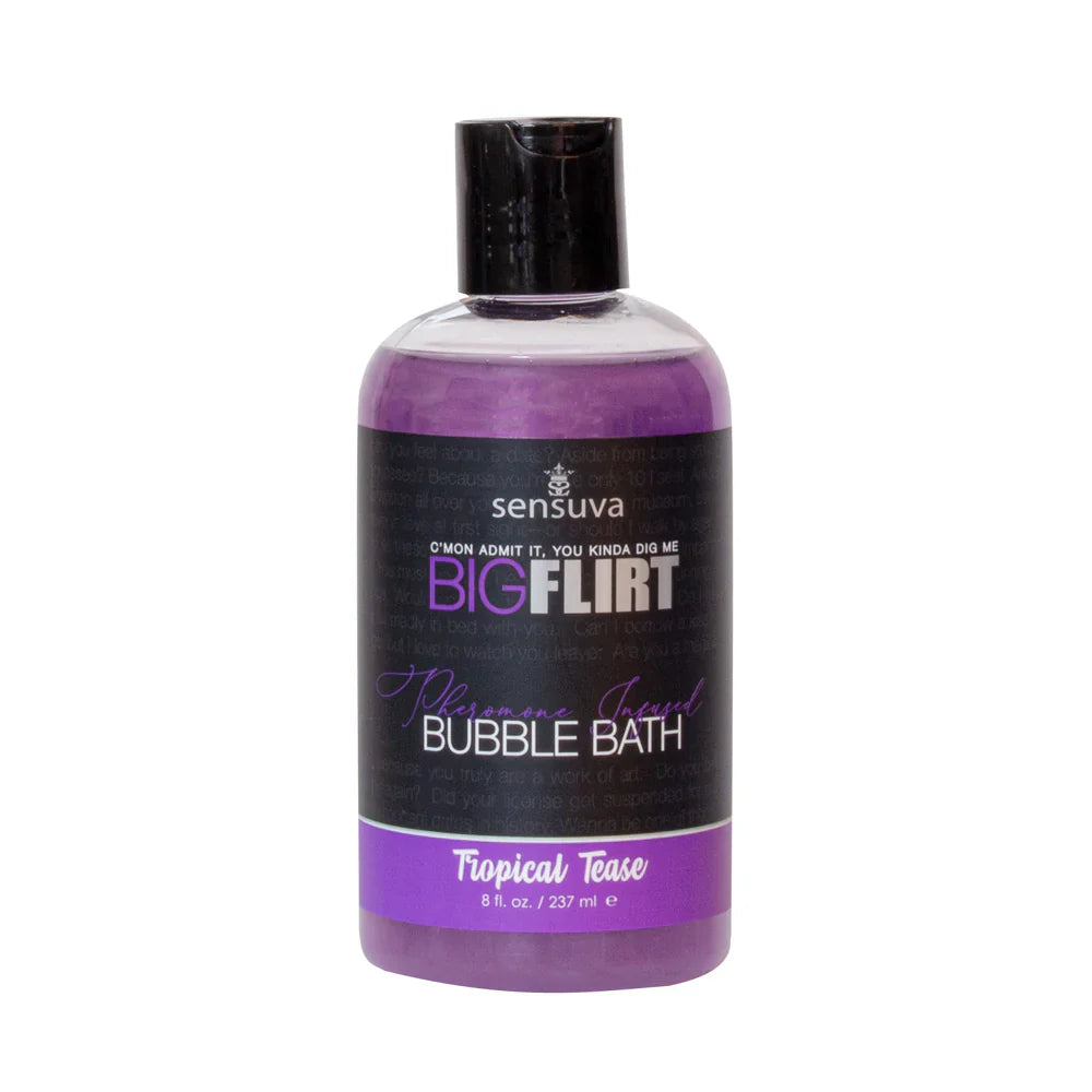Bubble bath bottle with black cap, purple gel, labeled “Tropical Tease”