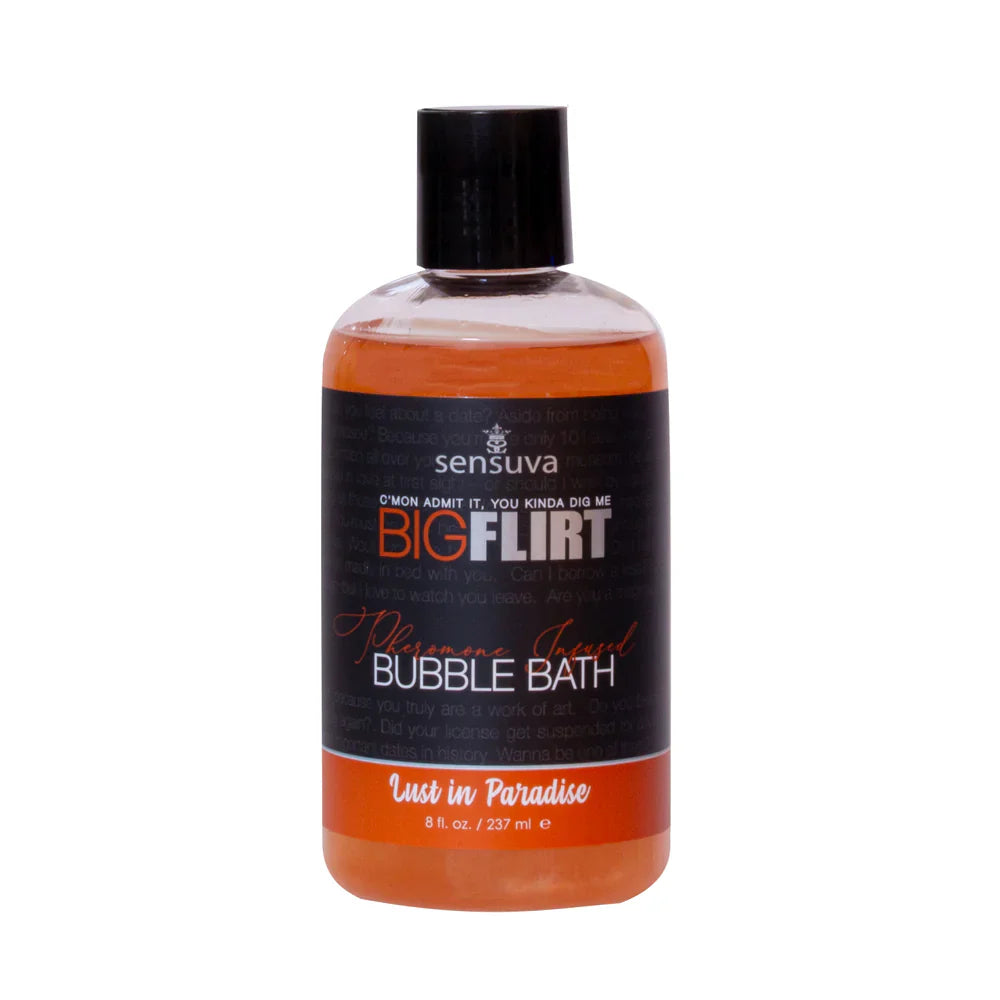 Bubble bath bottle with black cap, orange gel, labeled “Lust in Paradise”