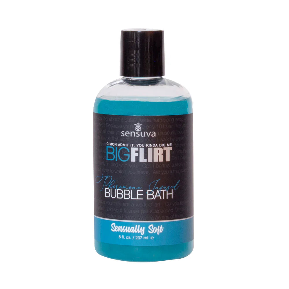 Bubble bath bottle with black cap, teal gel, labeled “Sensually Soft”