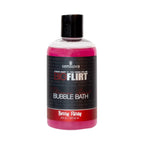Bubble bath bottle with black cap, pink gel, labeled “Berry Flirty”