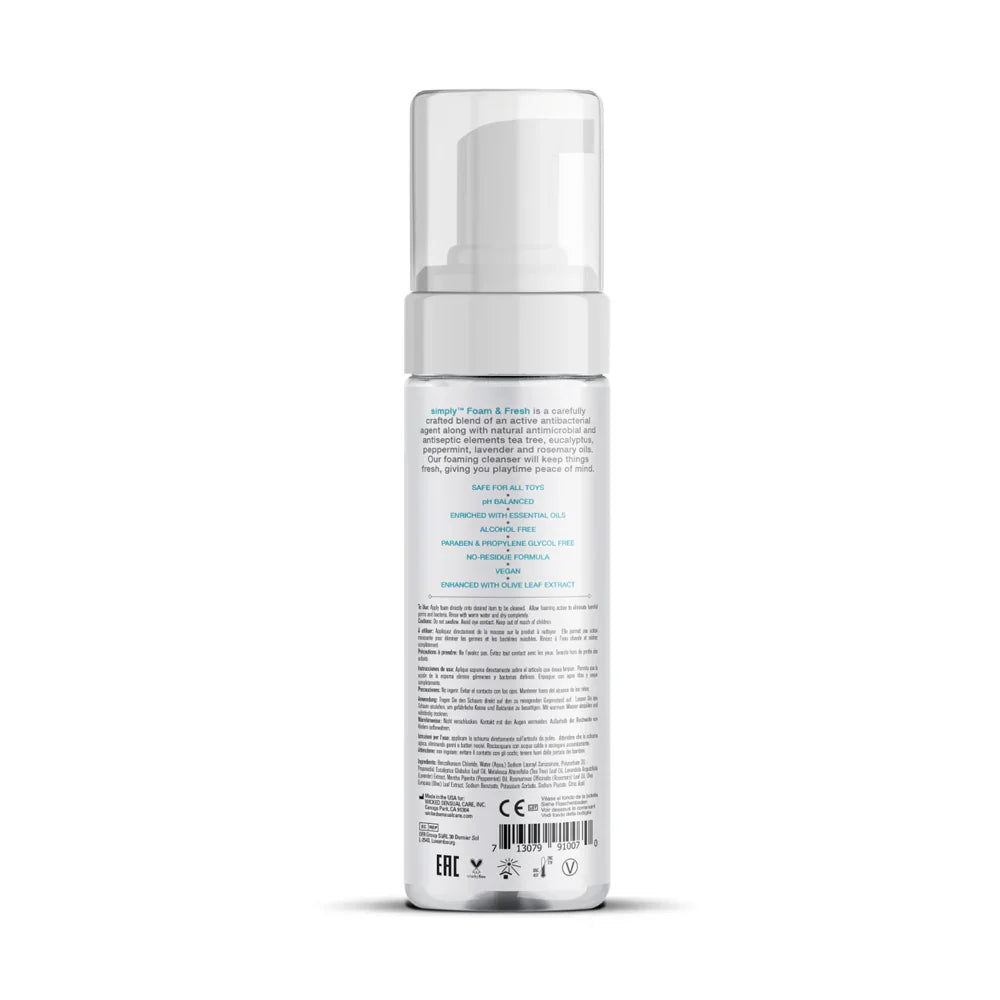 Foam cleanser bottle with pump, white; ingredient and barcode panel on back