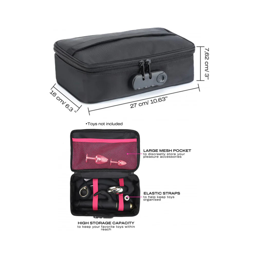 Black locking storage box with front dial and pink mesh pocket inside