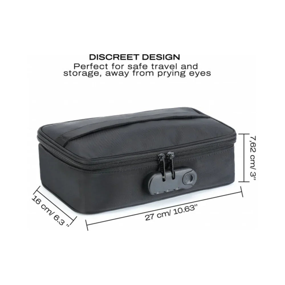 Black locking storage box with front combination dial and rounded rectangular shape