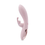 Pink rabbit-style vibrator, side view with curved ears and small stem